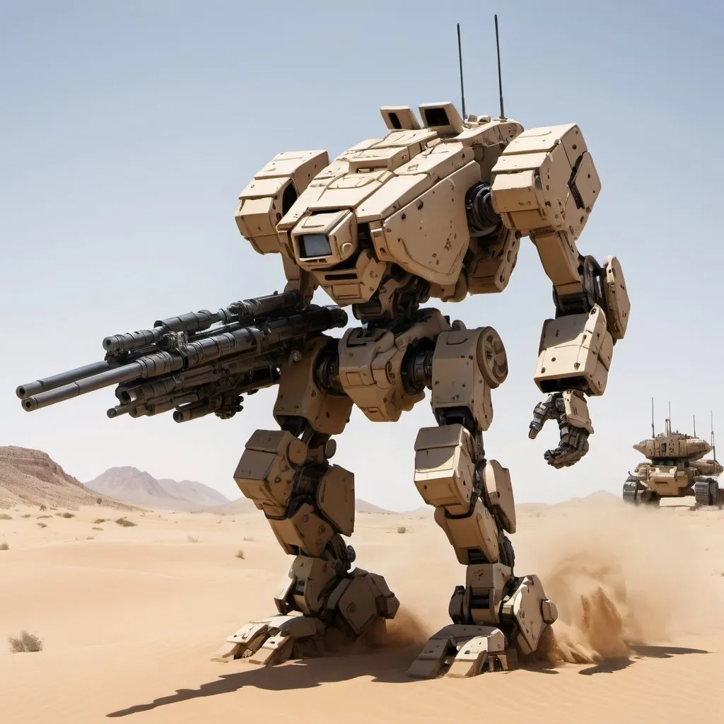 Prompt: Desert camouflage mecha carrying heavy artillery in desert 