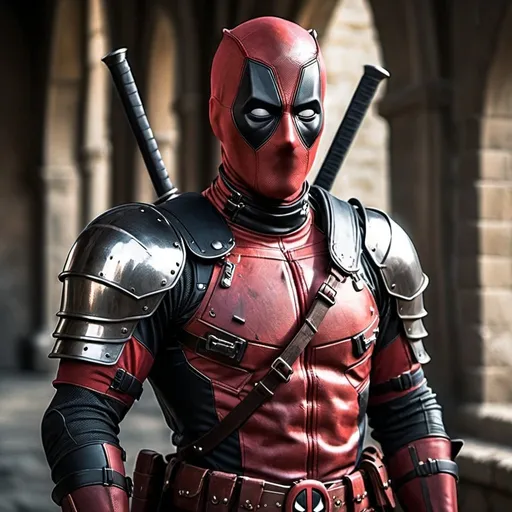 Prompt: Deadpool as a knight in medieval armor, holding two swords, medieval setting, metallic armor with glints of light, detailed red and black suit, intense and mischievous gaze, medieval fantasy, highres, detailed, medieval, knight, dual-wielding swords, metallic tones, intense expression, professional lighting
