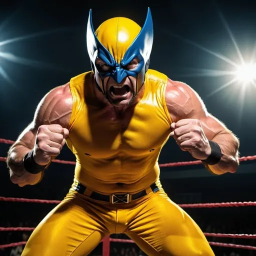 Prompt: Wrestler wearing Wolverine mask in original Daredevil yellow costume, wrestling ring with intense spotlight, detailed muscular physique, high definition, comic book style, vibrant colors, dynamic action poses, professional wrestling, dramatic lighting, intense and focused gaze, urban setting, superhero, wrestling ring, high quality