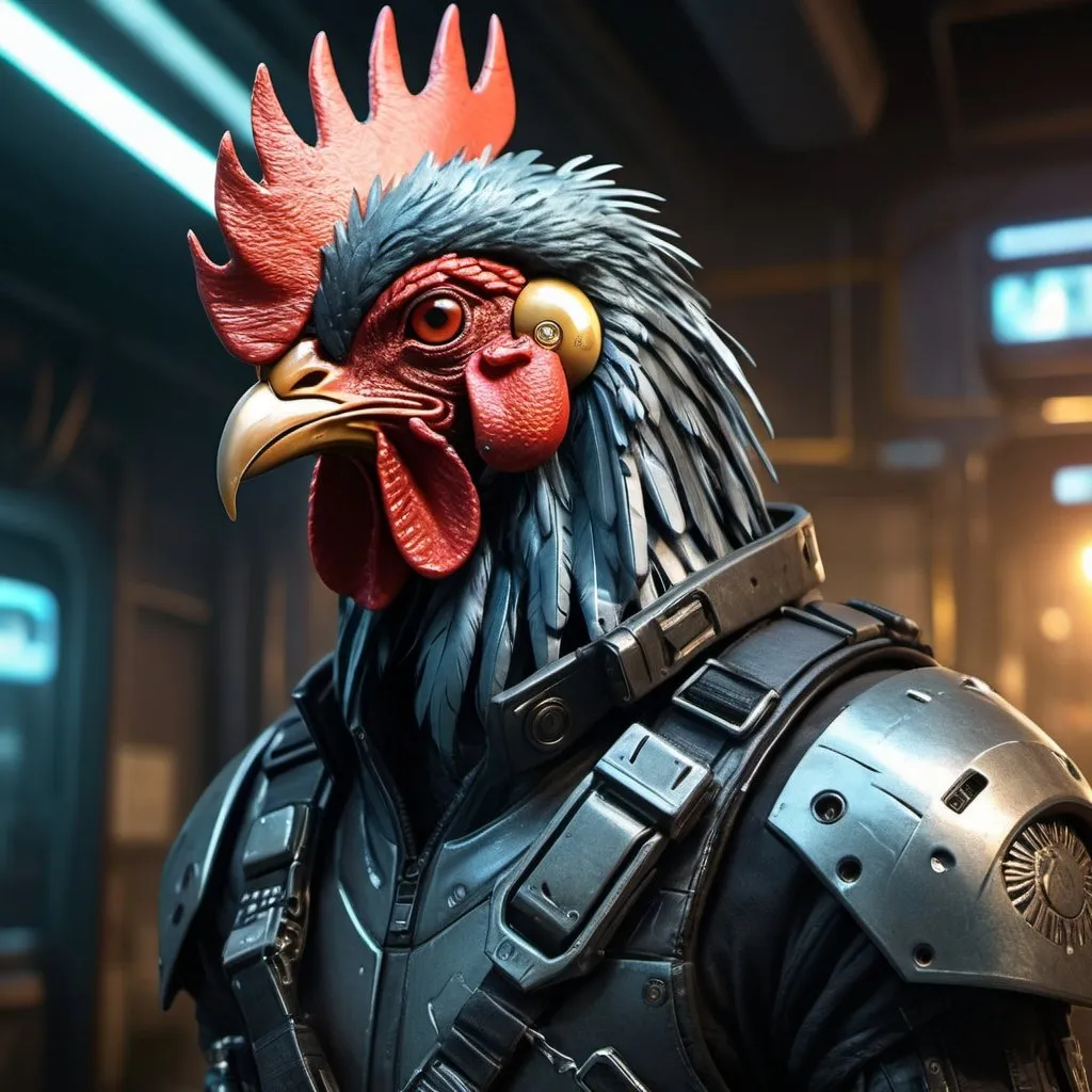 Prompt: Sci-fi mutant bounty hunter with a rooster's head, metallic and organic material mix, sharp and intimidating knives, high-tech cybernetic enhancements, detailed feathers with metallic sheen, eerie and intense gaze, futuristic dystopian setting, urban cyberpunk, cool tones with metallic accents, atmospheric lighting, highres, ultra-detailed, sci-fi, cyberpunk, mutant, rooster head, high-tech, futuristic, metallic, eerie gaze, detailed feathers, sharp knives, futuristic setting