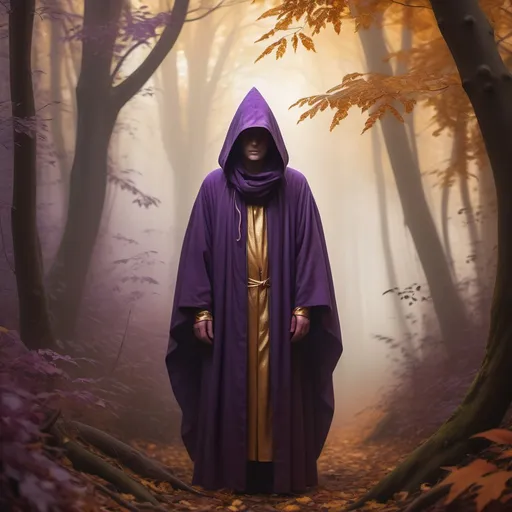 Prompt: (mysterious figure), wearing a (purple pointed hood and robe), standing in a (mystical autumn forest), surrounded by (golden and crimson foliage), rich in detail, atmospheric fog wafting through the trees, (intrigue and enigma), warm lighting filtering through branches, (ultra-detailed), soft focus background, hint of sunlight casting gentle shadows, evoking a sense of (wonder and mystique).