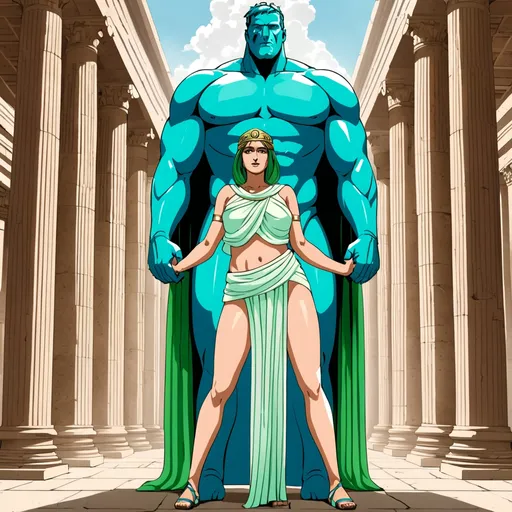 Prompt: Giant man blue embrassing Giant woman green both wearing Roman togas in Roman temple slightly futuristic setting 