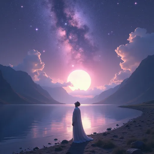 Prompt: A cosmic landscape embodies the concept of Eternity, with swirling galaxies painted in vibrant purples and blues, stretching infinitely into the void. Ethereal wisps of stardust float gently in the air, glimmering softly under the gentle radiance of a colossal, luminous sun that hangs low on the horizon. A lone figure, cloaked in flowing silver garments, stands at the edge of a shimmering lake that reflects the dazzling starry sky above, their head tilted slightly back as if in reverence, eyes closed in serene contemplation. In the distance, ancient mountains rise, shrouded in mist and mystery, suggesting timelessness. The atmosphere is imbued with a sense of tranquility and boundlessness, inviting the viewer to ponder the vastness of existence. This scene is envisioned in a breathtakingly detailed, cinematic lighting style, evoking a feeling of grandness that embodies eternity itself.