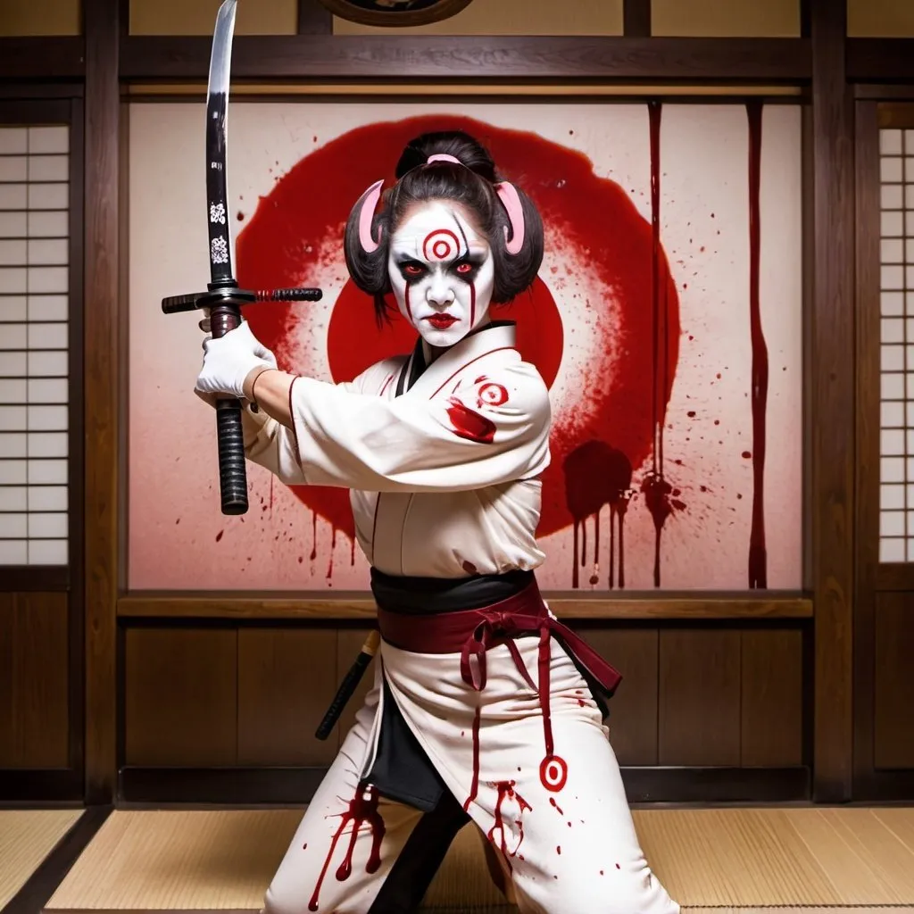 Prompt: Lady Bullseye holding Japanese sword covered in blood inside Japanese tea room 