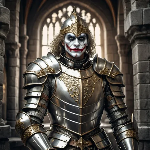 Prompt: Medieval knight Joker in full silver armor, dramatic medieval castle in the background, ornate golden details on the armor, menacing and chaotic expression, high-quality rendering, medieval fantasy, dark and moody lighting, silver and gold tones, detailed armor design, intricate castle architecture, professional digital art