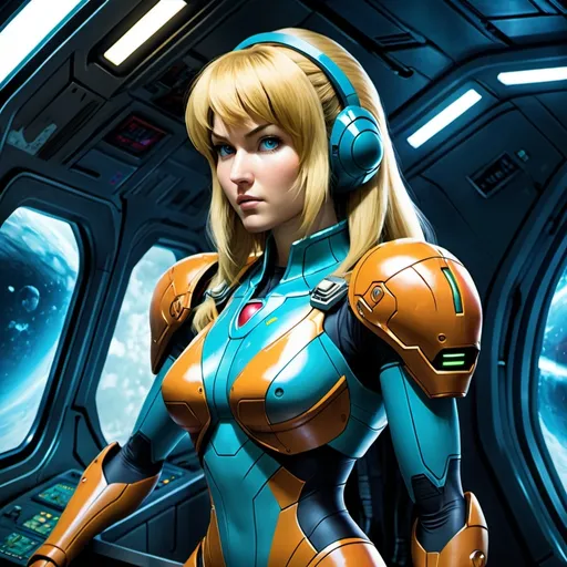 Prompt: (Samus from Metroid), showing face, blonde hair, wearing (blue jumpsuit), aboard spacecraft, detailed design, futuristic setting, sleek spaceship interiors, ambient lighting, cool tones with contrasting accents, epic sci-fi atmosphere, intense gaze, high resolution, ultra-detailed, encapsulating the essence of adventure and bravery in a space environment.