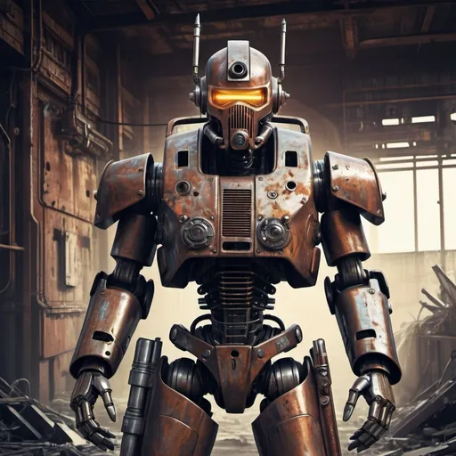 Prompt: Futuristic-retro futurism illustration of a robot bounty hunter, rugged metallic armor, carrying two laser guns, ammunition belts draped across its body, dystopian setting with abandoned buildings and rusty infrastructure, gritty and industrial atmosphere, high-contrast shadows, intense and moody lighting, detailed mechanical parts, high-res, ultra-detailed, retro-futurism, dystopian, robotic design, intense gaze, rusty color tones, industrial lighting