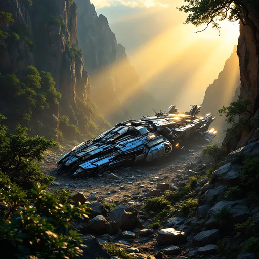 Prompt: Autobot Ark crashed at the base of a towering mountain, dramatic atmosphere, vibrant colors, rugged terrain, the remnants of the ship scattered across rocky landscapes, dense forest enveloping the crash site, cinematic lighting showcasing details, high-resolution image, evoking a sense of awe and mystery, exploration theme, rich textures in the mountain backdrop, inviting viewers to immerse in the scene.