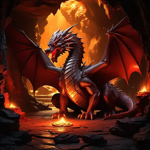 Prompt: (cinematic scene) red dragon, majestic, fierce expression, inside a dimly lit cave, shimmering gold coins, treasures glistening, intricate details, shadows playing on the walls, warm glow from molten lava, mystical and awe-inspiring atmosphere, (ultra-detailed), rich textures, deep colors, story-like composition, captivating depth, enchanting ambiance.