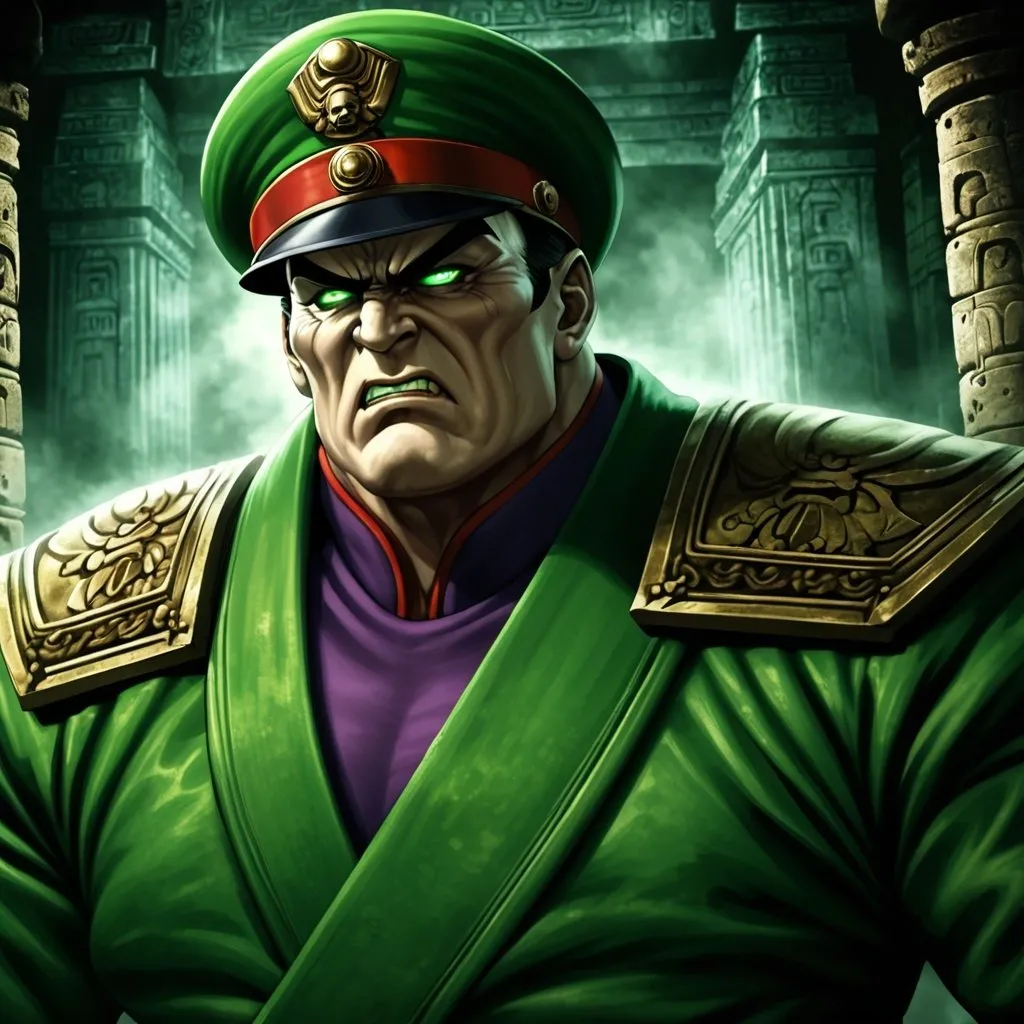 Prompt: M. Bison in green outfit, emanating psycho power, ancient temple setting, high quality, detailed, realistic, dark and dramatic lighting, powerful aura, detailed facial features, green color tones, Capcom style, menacing presence, atmospheric, intense gaze, ancient architecture, detailed textures, traditional martial arts, highres, realistic, dramatic lighting