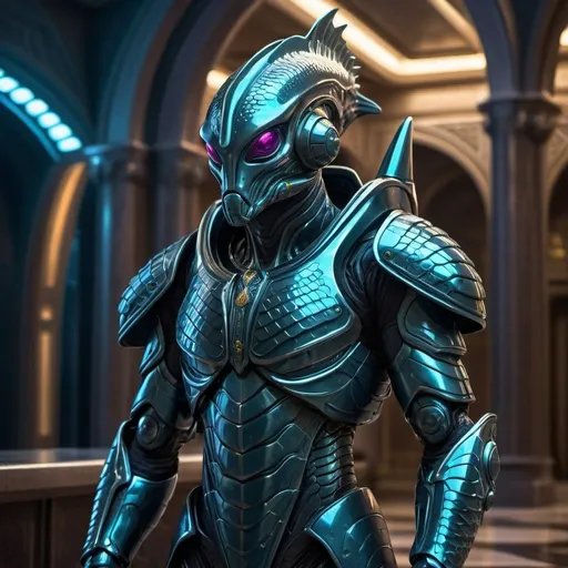 Prompt: Fish alien royal soldier in futuristic royal palace, laser rifle, body armor, high-tech fish scales, regal presence, intense and focused gaze, sleek design, advanced technology, sci-fi, futuristic, alien, detailed armor, royal setting, professional, atmospheric lighting, intense shadows, vibrant color tones, best quality, highres, ultra-detailed