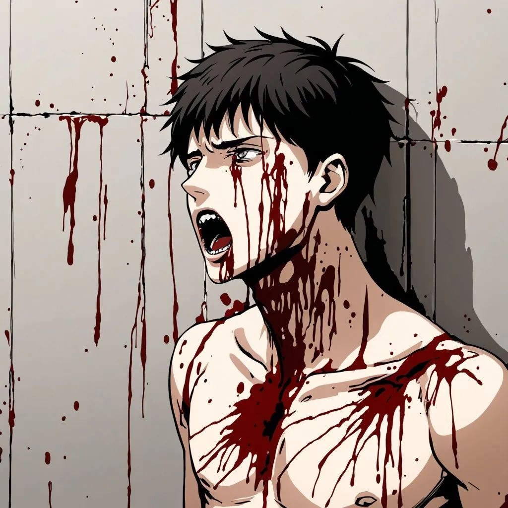 Prompt: Young Man with slashed throat up against wall blood everywhere 