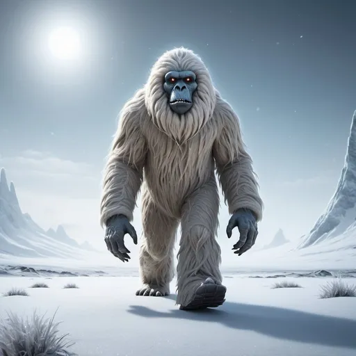 Prompt: Yeti walking towards UFO on tundra, realistic digital art, snowy landscape, mysterious atmosphere, detailed fur with frost, extraterrestrial glow, high quality, realistic, tundra, UFO, Yeti, snowy, mysterious, detailed fur, extraterrestrial glow, atmospheric lighting
