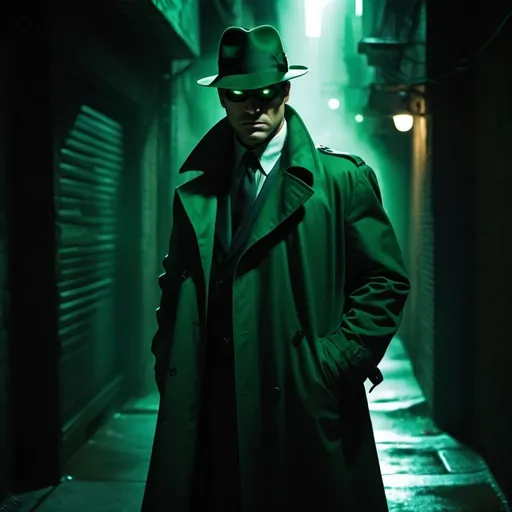 Prompt: Green Hornet in a green-lit back alley, holding a pistol, noir, intense shadows, detailed trenchcoat, mysterious aura, high quality, cinematic, intense lighting, dark tones, urban, dramatic atmosphere, detailed facial features, professional, noir style, intense gaze, high contrast lighting