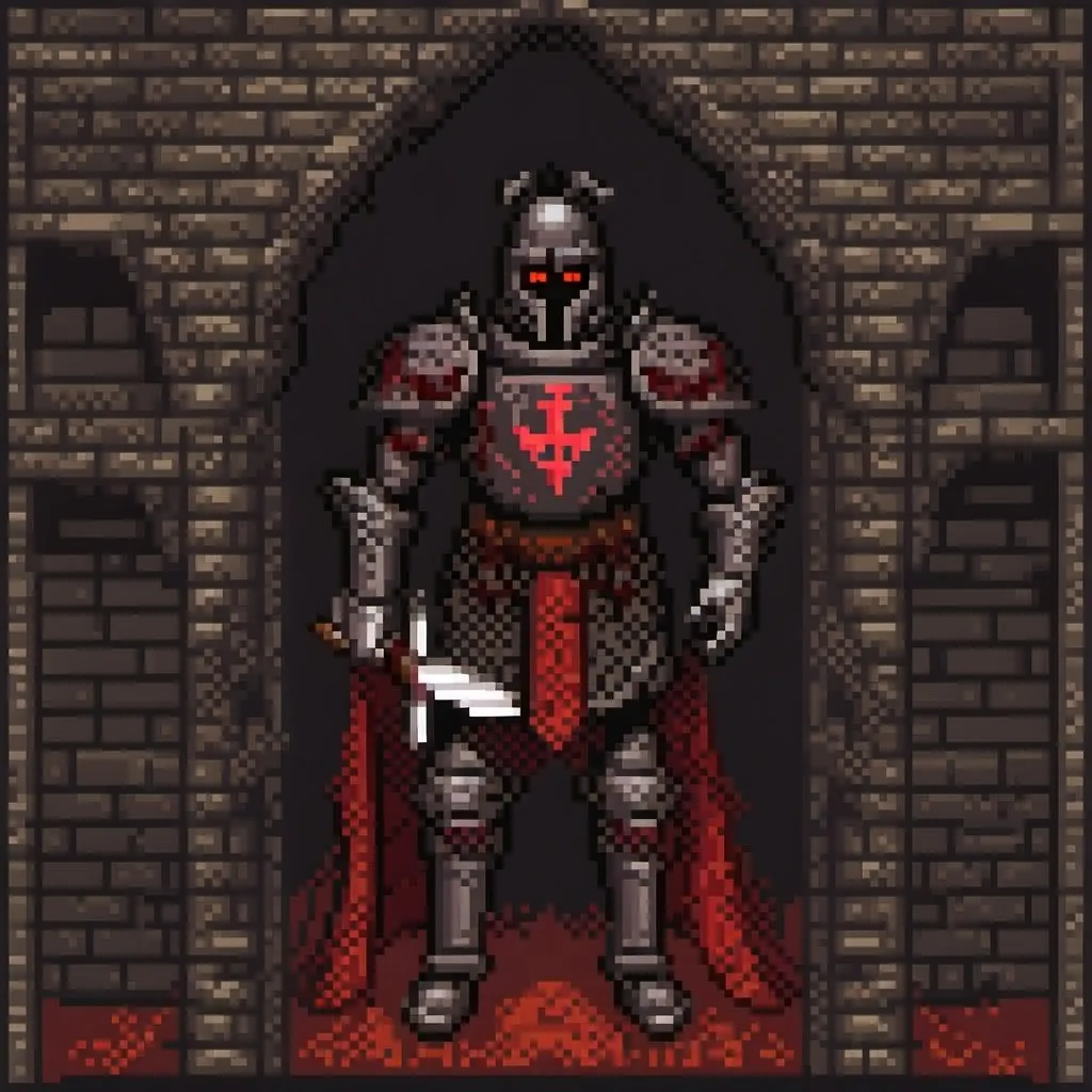 Prompt: Black knight with glowing red eyes in a haunted castle, dark and eerie atmosphere, detailed armor with intricate engravings, mysterious shadows, misty and moody lighting, high quality, eerie, gothic, detailed eyes, medieval, haunting, atmospheric lighting