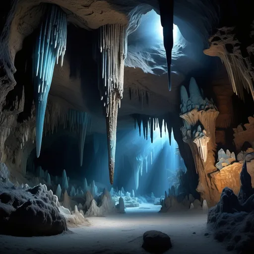 Prompt: (cave scene), intricate stalactites and stalagmites, glowing crystals illuminating the darkness, low light, deep shadows, (misty atmosphere), stalactite formations hanging from the ceiling, natural textures of stone and mineral deposits, (tranquil yet mysterious ambiance), high-definition, ultra-detailed, natural cave environment, rich earth tones, hints of cool blues and greens mixing with warm browns.