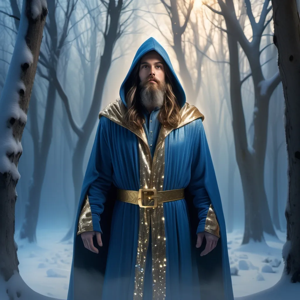 Prompt: Wizard with long brown hair and beard, wearing a (blue) pointed hood and robe adorned with (gold sequins), standing in a winter forest, snow-covered trees surrounding, ethereal lighting casting (magical glows), atmospheric (mystical fog) weaving through the scene, detailed texturing, high-quality, (4K resolution), enchanting and serene ambiance, capturing the essence of winter magic.