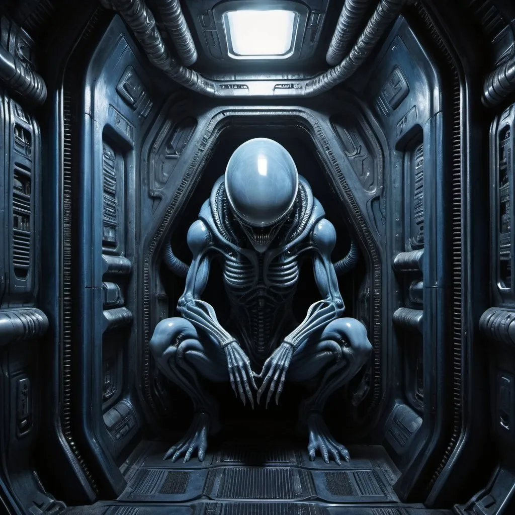 Prompt: HR Giger Alien squatting in spaceship corridor, biomechanical, eerie atmosphere, dark and shadowy, highres, detailed, sci-fi horror, chilling blue tones, eerie lighting, intricate biomechanical details, creepy atmosphere, futuristic, industrial spaceship setting