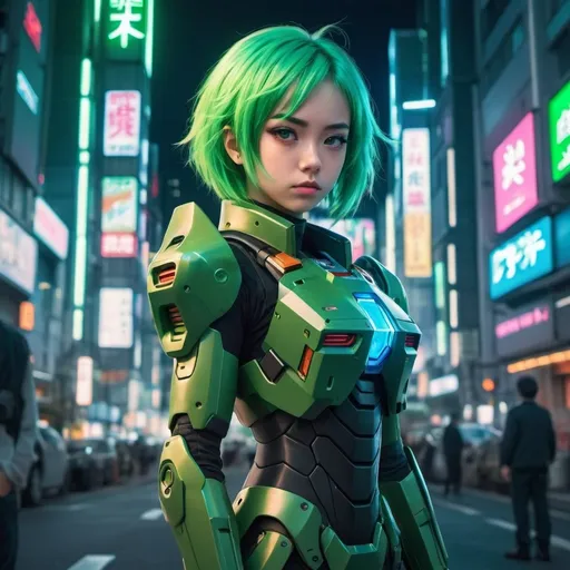 Prompt: Futuristic anime illustration of a girl with vibrant green hair in a Gundam suit, holding a futuristic rifle and shield, Tokyo cityscape in the background, high-tech armor with gleaming details, intense and determined expression, neon-lit urban setting, advanced machinery and technology, 4k, ultra-detailed, anime, futuristic, vibrant green hair, Gundam suit, futuristic rifle, futuristic shield, Tokyo cityscape, high-tech armor, intense expression, urban setting, advanced technology, neon-lit, determined, professional, atmospheric lighting