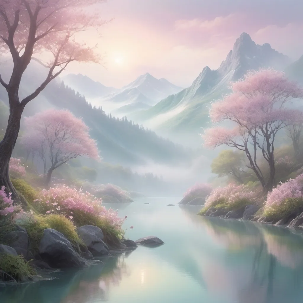 Prompt: Dreamy ethereal landscape, (otherworldly scenery), soft pastel colors, whimsical light filtering through mist, delicate blooming flowers, faint silhouettes of mountains, serene water bodies reflecting soft hues, gentle breeze blowing through enchanted trees, tranquil ambiance, captivating atmosphere, high detail, 4K quality, magical, inviting yet mysterious, suggesting a sense of exploration and wonder.