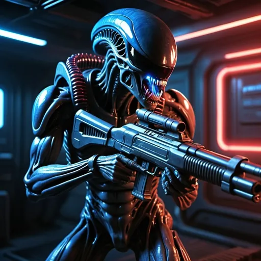 Prompt: (Xenomorph firing pulse rifle), scifi setting, dark and intense atmosphere, neon blue and red lighting, high-tech futuristic elements, detailed xenomorph features, pulsating energy beams, metallic and industrial background with wires and pipes, dynamic action pose, cinematic masterpiece, ultra-detailed, 4K, high contrast, epic and dramatic ambiance, high-quality rendering, sleek and modern technology.