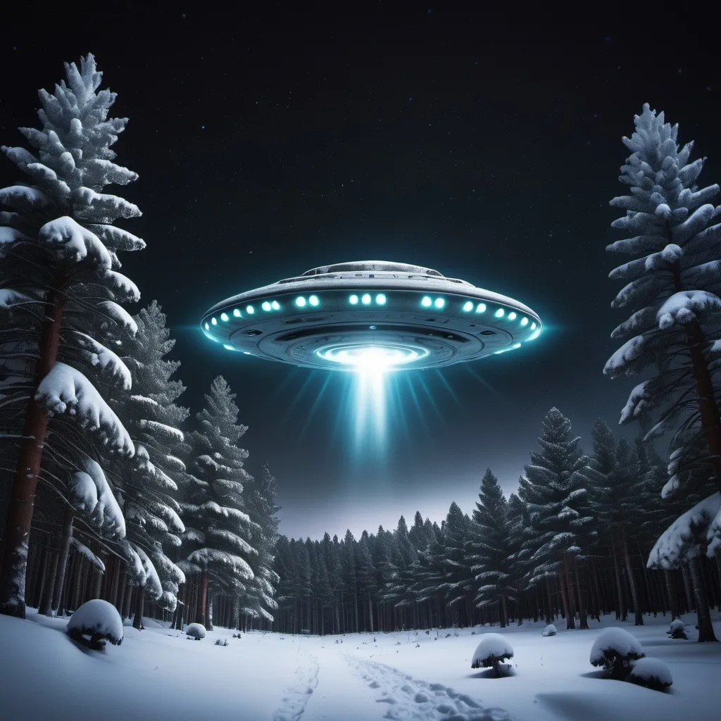 Prompt: UFO flying over a snow covered pine forest at night 