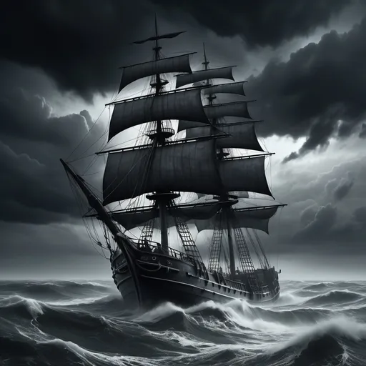 Prompt: (ghost ship), sails drawn, grey tones, bleak atmosphere, stormy sea, dramatic waves crashing against the hull, dark ominous clouds looming overhead, high-detail, cinematic ambiance, chilling mood, haunting presence, intricate ship design, 4K realistic quality, eerie and captivating nautical scene.