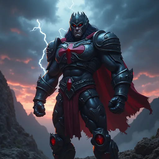 Prompt: Visualize Karg from the Masters of the Universe movie, standing resolute against a backdrop of a desolate, twilight landscape. Dark clouds swirl ominously above, casting fragmented shadows on the jagged terrain, while flashes of distant lightning illuminate the scene and catch the glint of his armor, which is a mix of dark metal and deep crimson accents. His fierce expression reveals both determination and a hint of menace, with his sharp features starkly outlined by the uncertain light. Karg’s posture is dynamic, one arm raised as if preparing to unleash his powers against unseen foes. The surrounding atmosphere is electric, creating a tension that vibrates in the air. This scene is beautifully captured in dark fantasy concept art, radiating a sense of impending conflict.