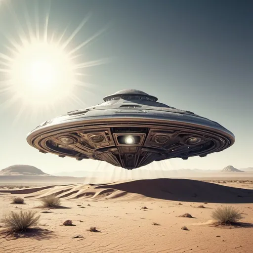 Prompt: Grey Alien emerging from crashed UFO in desert, retro futurism, highly detailed alien features, metallic sheen, dusty desert landscape, vintage futuristic technology, intense sunlight and shadows, highres, retro-futurism, alien, UFO, desert landscape, detailed alien features, vintage technology, dusty, intense lighting, metallic sheen