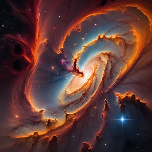 Prompt: Orange deep space galaxy, (vibrant cosmic hues), swirling nebulae, bright orange and fiery reds blending with dark shadows, twinkling stars, high-resolution, (magical and otherworldly atmosphere), intricate stellar formations, ethereal glowing celestial structures, stunning detail in the textures of various cosmic elements, (4K ultra-detailed masterpiece), encapsulating the awe-inspiring beauty of the universe.