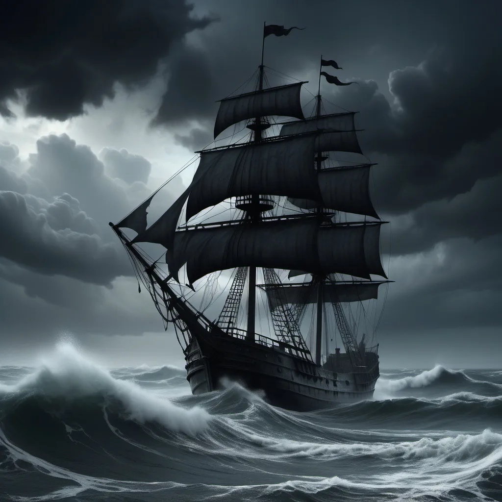 Prompt: (ghost ship), eerie silhouette against turbulent waves, (tattered sails) billowing, stormy atmosphere, dark grey clouds swirling ominously, turbulent sea riptides, high detail rendering, dramatic lighting casting shadows, haunting ambiance, deep contrasts, a vision of desolation, fantasy theme, ultra-detailed, 4K resolution.