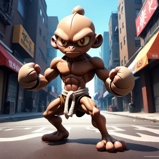 Prompt: Hitmonlee (dynamic martial arts pose), detailed features and muscular build, expressive eyes, vibrant colors, cool tone palette, urban street background, dramatic shadows, high energy ambiance, ultra-detailed, 4K quality, emphasizing agility and strength, stylized in a vibrant cartoonish art style reminiscent of classic anime characters.