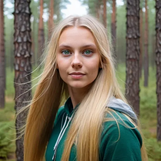 Prompt: Beautiful young Swedish woman with long blonde hair and green eyes walking through pine forest 