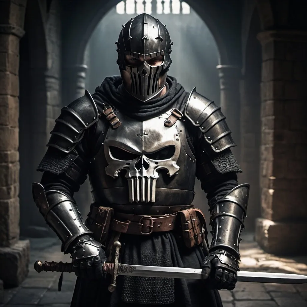 Prompt: Medieval knight, black armor, Punisher, holding sword, medieval setting, detailed armor, intense gaze, 4k, detailed, medieval, dark and gritty, realistic, atmospheric lighting