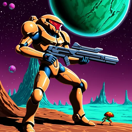 Prompt: Metroid bounty hunter on alien planet 