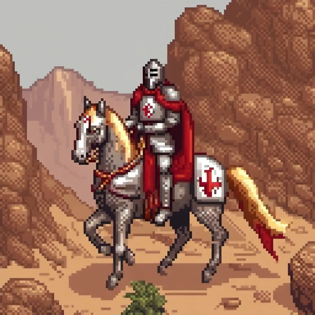Prompt: Knight Templar riding on horse through rocky desert, oil painting, detailed armor, rugged landscape, high quality, realistic, warm tones, dramatic lighting, medieval, epic