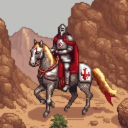 Prompt: Knight Templar riding on horse through rocky desert, oil painting, detailed armor, rugged landscape, high quality, realistic, warm tones, dramatic lighting, medieval, epic