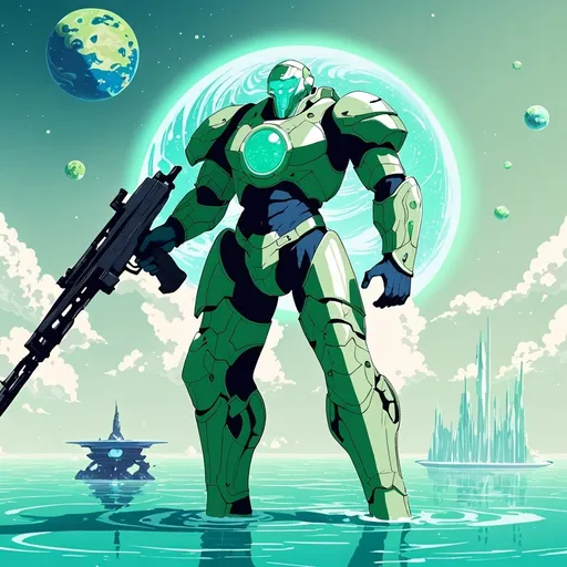 Prompt: Giant man with light green hair light blue eyes wearing light green body armour carrying futuristic rifle on water planet 