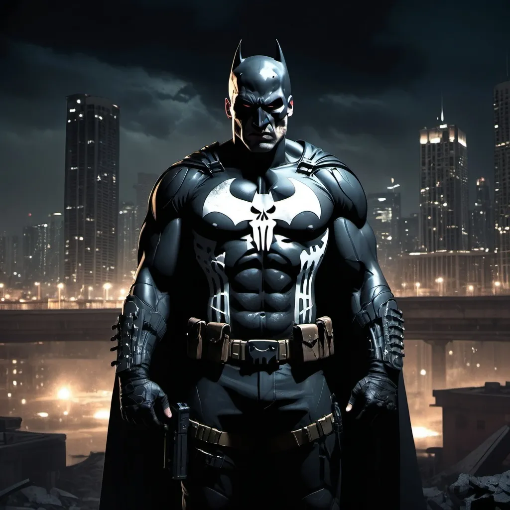 Prompt: (Punisher Batman mashup), dark, intricate design, intense vigilante with contrasting symbols, wearing a black cape with a skull emblem, blending elements of brutality and justice, (moody lighting), highly detailed, impactful atmosphere, urban cityscape background at night, (4K), capturing a sense of danger and heroism.