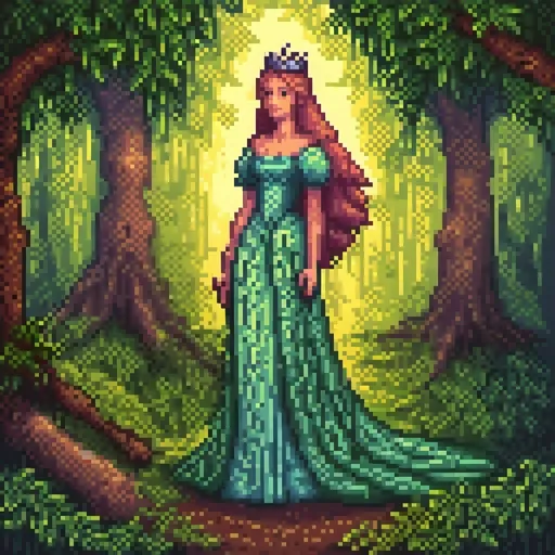 Prompt: Beautiful princess standing in forest, oil painting, detailed gown and crown, mystical atmosphere, vibrant colors, high quality, fantasy, royal, majestic, enchanting lighting, lush greenery, magical, flowing gown, ethereal beauty, traditional art style