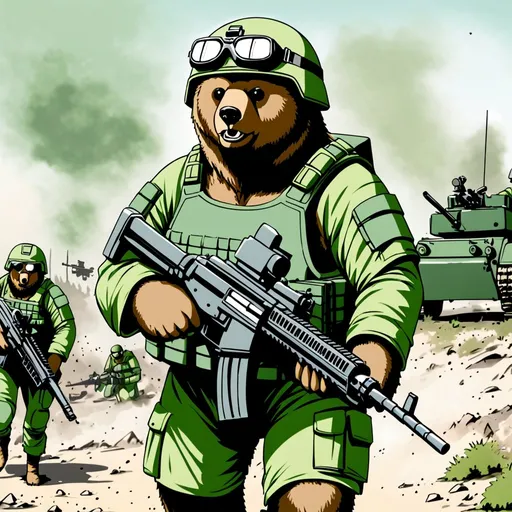 Prompt: Bear wearing army helmet and goggles and green body armour carrying heavy machine gun patrolling war zone 