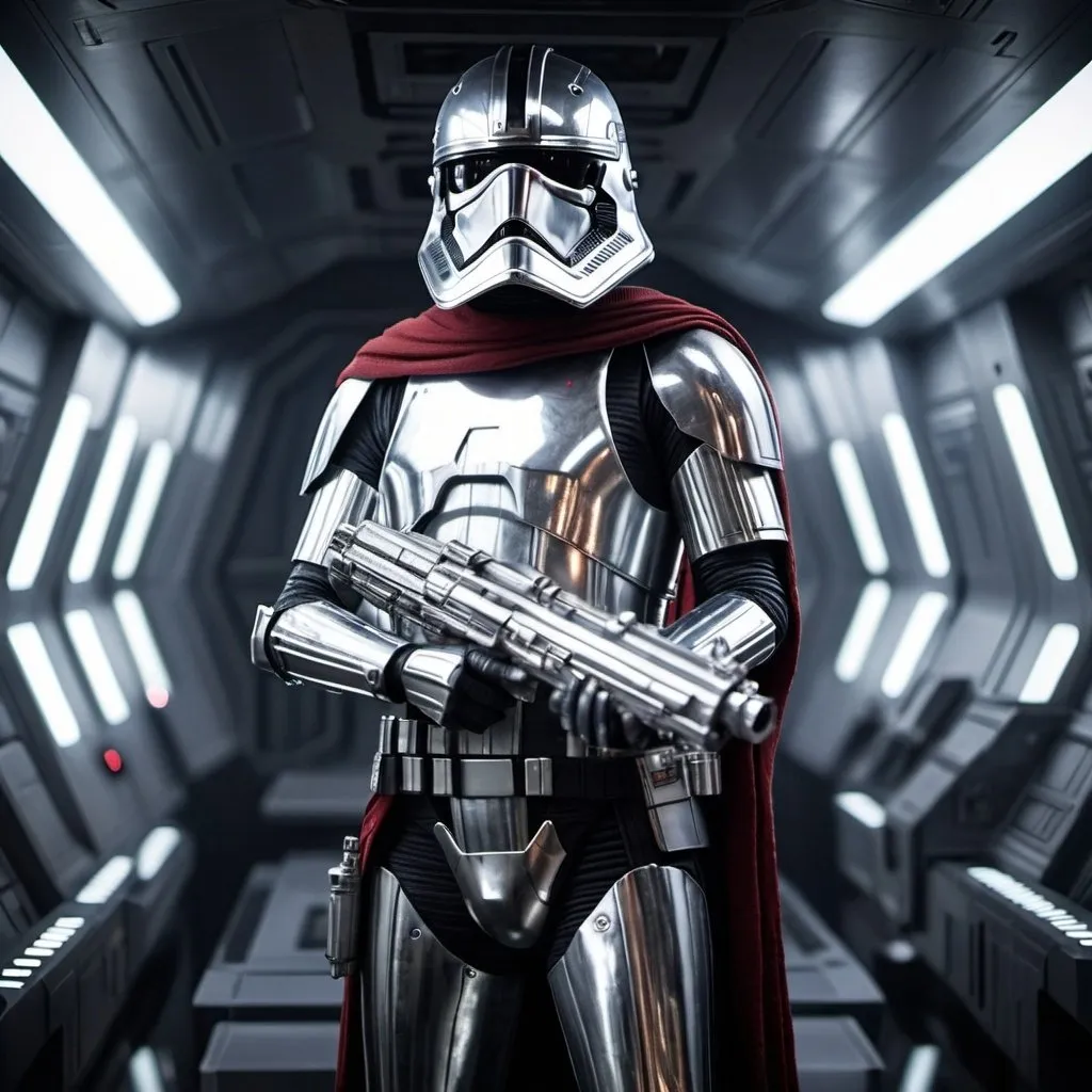 Prompt: Captain Phasma holding blaster aboard Star Destroyer, metallic armor with cool reflections, intense and determined gaze, high-tech blaster with sleek design, futuristic sci-fi setting, Star Destroyer interior with ominous lighting, high quality, ultra-detailed, sci-fi, futuristic, metallic armor, intense gaze, sleek design, professional, atmospheric lighting