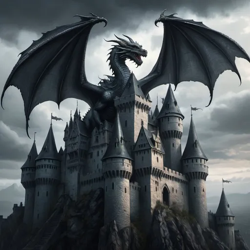 Prompt: Grey dragon flying high above grim castle, digital painting, detailed scales and wings, atmospheric lighting, highres, fantasy, detailed castle architecture, dark and moody, intense gaze, medieval fantasy, cool tones, epic