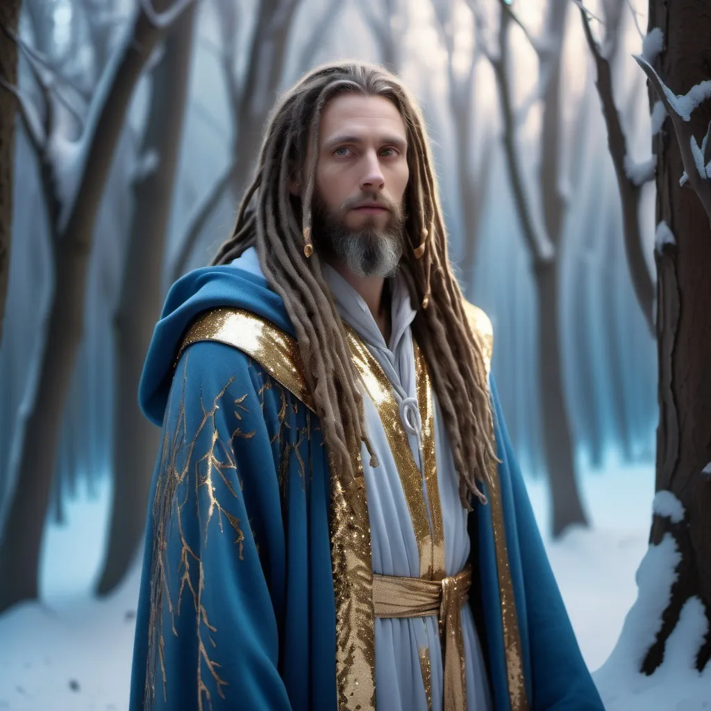 Prompt: (wizard), Caucasian man, long brown dreadlocks and beard, blue pointed hood, robe adorned with (gold sequins), standing in a magical winter forest, (snow-covered trees) surrounding him, (soft, cool lighting), enchanting atmosphere, ethereal colors, high detail, 4K resolution, serene and mystical vibe.