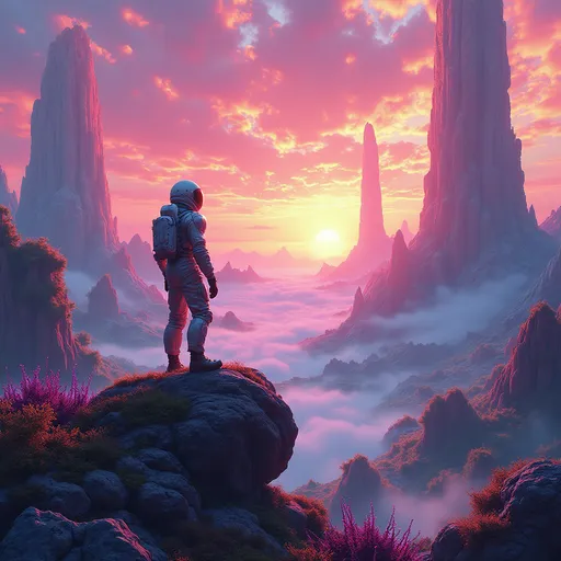 Prompt: Imagine a vibrant, psychedelic retro fantasy sci-fi planet, where swirling patterns of neon colors dance across the landscape. The skies pulsate with hues of pink, turquoise, and electric yellow, casting a surreal glow over the terrain. Massive, otherworldly flora with bioluminescent petals sway gently in a warm, ethereal breeze, while towering crystalline structures refract light into dazzling rainbows. In the foreground, a daring explorer in a sleek, silver space suit stands atop a large moss-covered rock, their expression of awe illuminated by the colorful ambiance surrounding them. Wisps of fog drift lazily around their feet, and distant mountains are silhouetted against the kaleidoscopic skyline. Capture this wondrous scene in a cinematic lighting, vibrant illustration style that embodies the essence of classic sci-fi aesthetics.