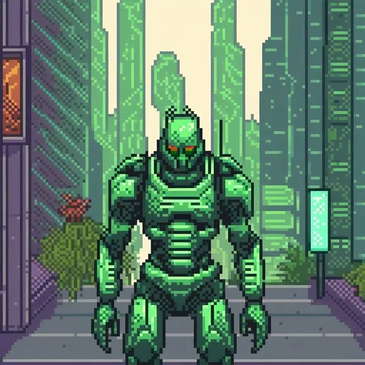Prompt: Insectoid android bounty hunter, metallic exoskeleton, green-eyed, dual-wielding laser pistols, futuristic cityscape background, high-tech armor, detailed metallic textures, intense and focused gaze, urban cyberpunk setting, futuristic skyscrapers, advanced robotics, best quality, highres, ultra-detailed, sci-fi, cyberpunk, insectoid design, futuristic, futuristic cityscape, intense eyes, professional, atmospheric lighting