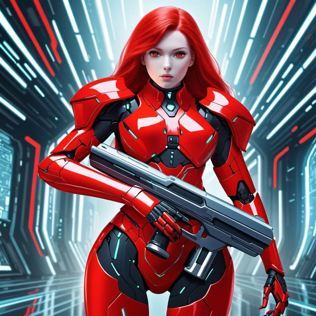 Prompt: Giant redhead woman red eyes red body armour carrying futuristic gun in futuristic background 