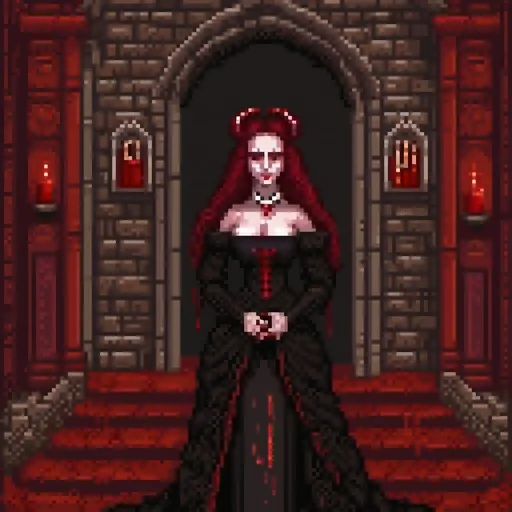 Prompt: Countess Bathory in a haunted castle, oil painting, blood-red accents, eerie atmosphere, historical horror, detailed facial features, flowing black gown, chilling expression, gothic architecture, mysterious lighting, high quality, haunting, oil painting, gothic, detailed expression, historical, eerie atmosphere, chilling gaze, flowing gown, atmospheric lighting