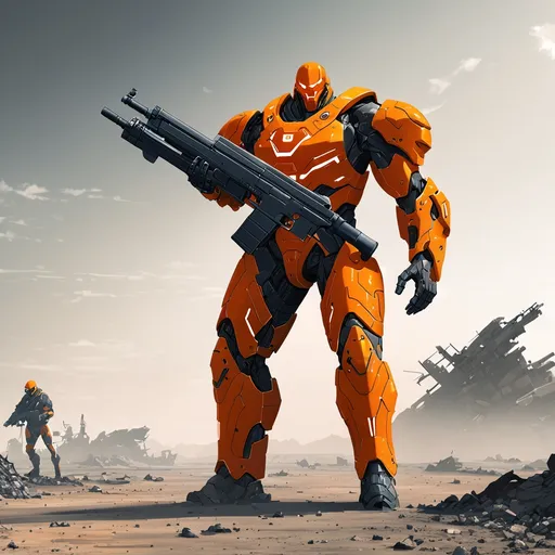 Prompt: Giant man in full orange body armour carrying light futuristic rifle in desolate war zone 