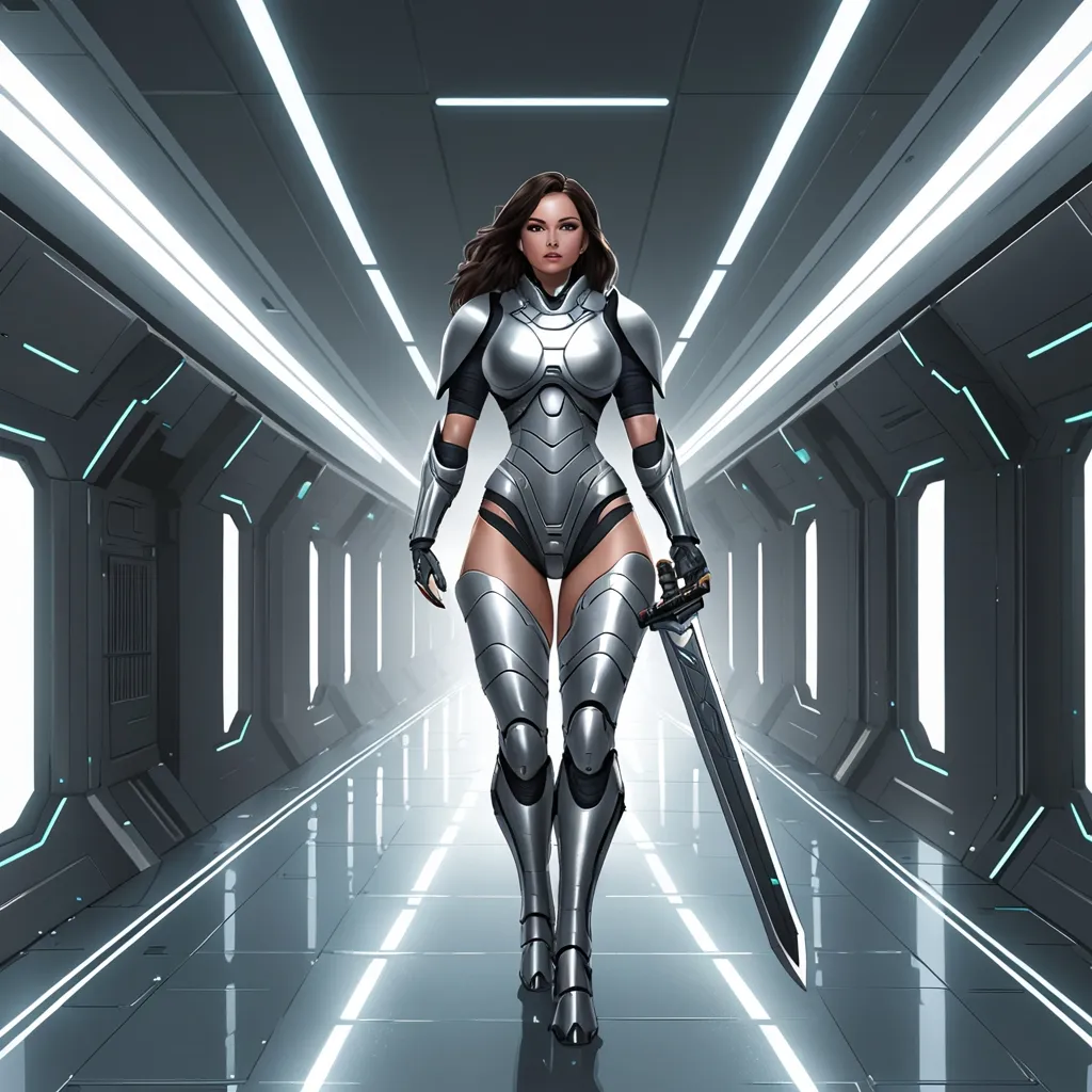 Prompt: Giant brunette woman wearing grey body armour carrying futuristic sword in scifi corridor 